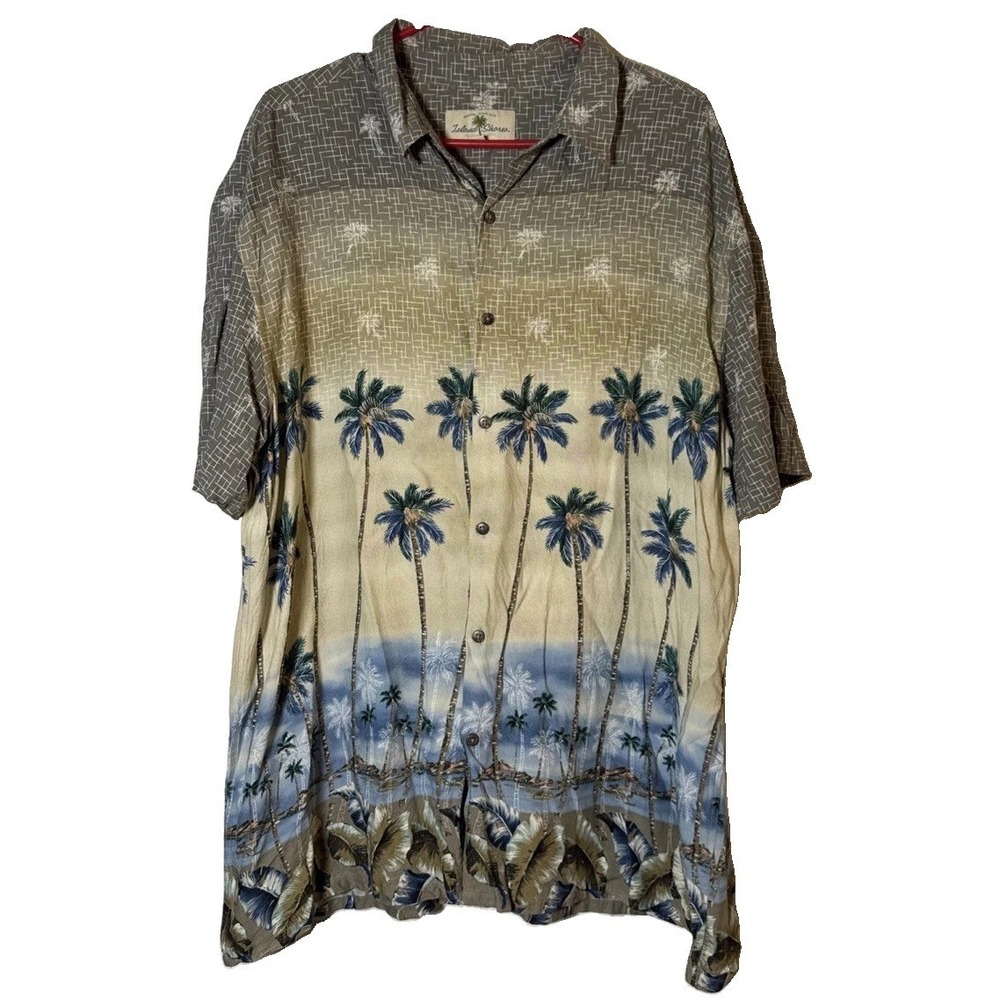 Island Shores Hawaiian Shirt Men XL 100% Rayon Palm Trees Tropical Button Up